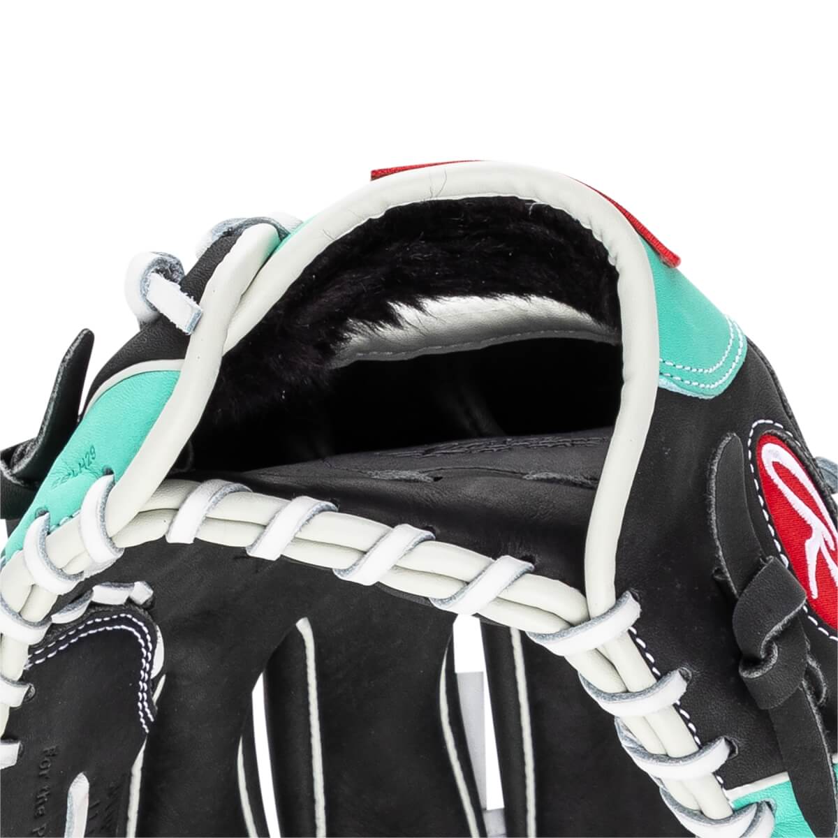 Close-up of a black baseball glove with teal accents and white lacing.