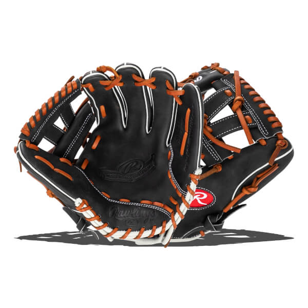 Front view of a black Rawlings baseball glove with tan laces and white trim, featuring the "Rawlings" name and "THE MARK OF A PRO" embossed in the palm.