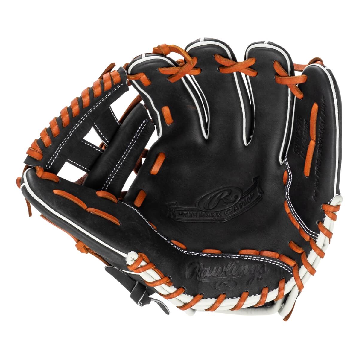 Front view of a black leather glove with orange laces and white trim, featuring the Rawlings logo and "THE MARK OF A PRO" text embossed on the palm.