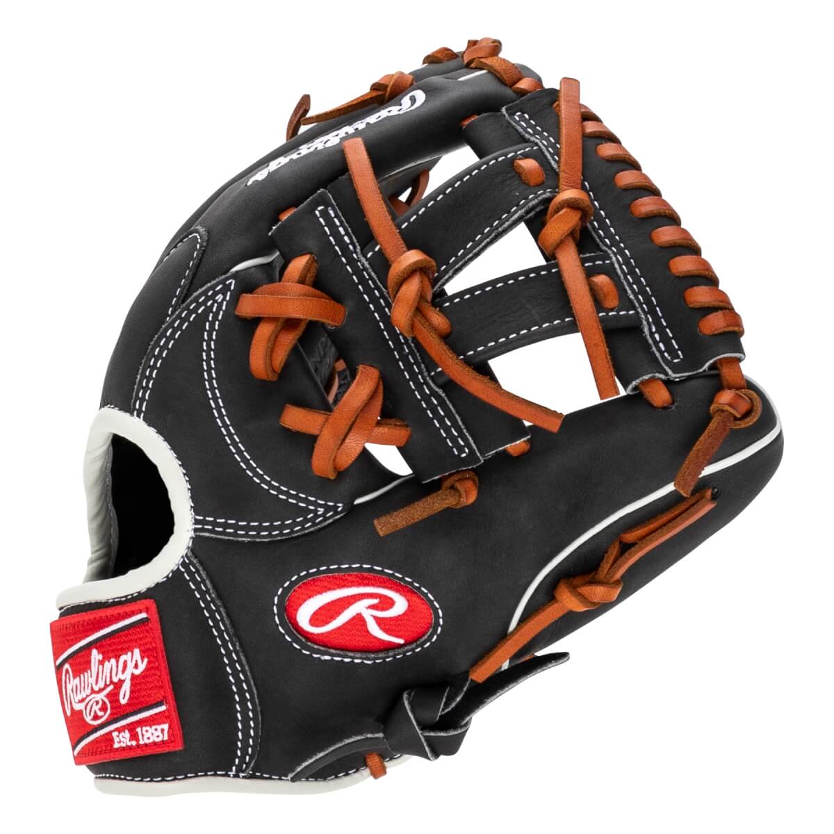 Back view: This black leather glove features tan laces, white stitching, a red "Rawlings Est. 1887" wrist patch, and a circular red logo with a white "R" on the shell.