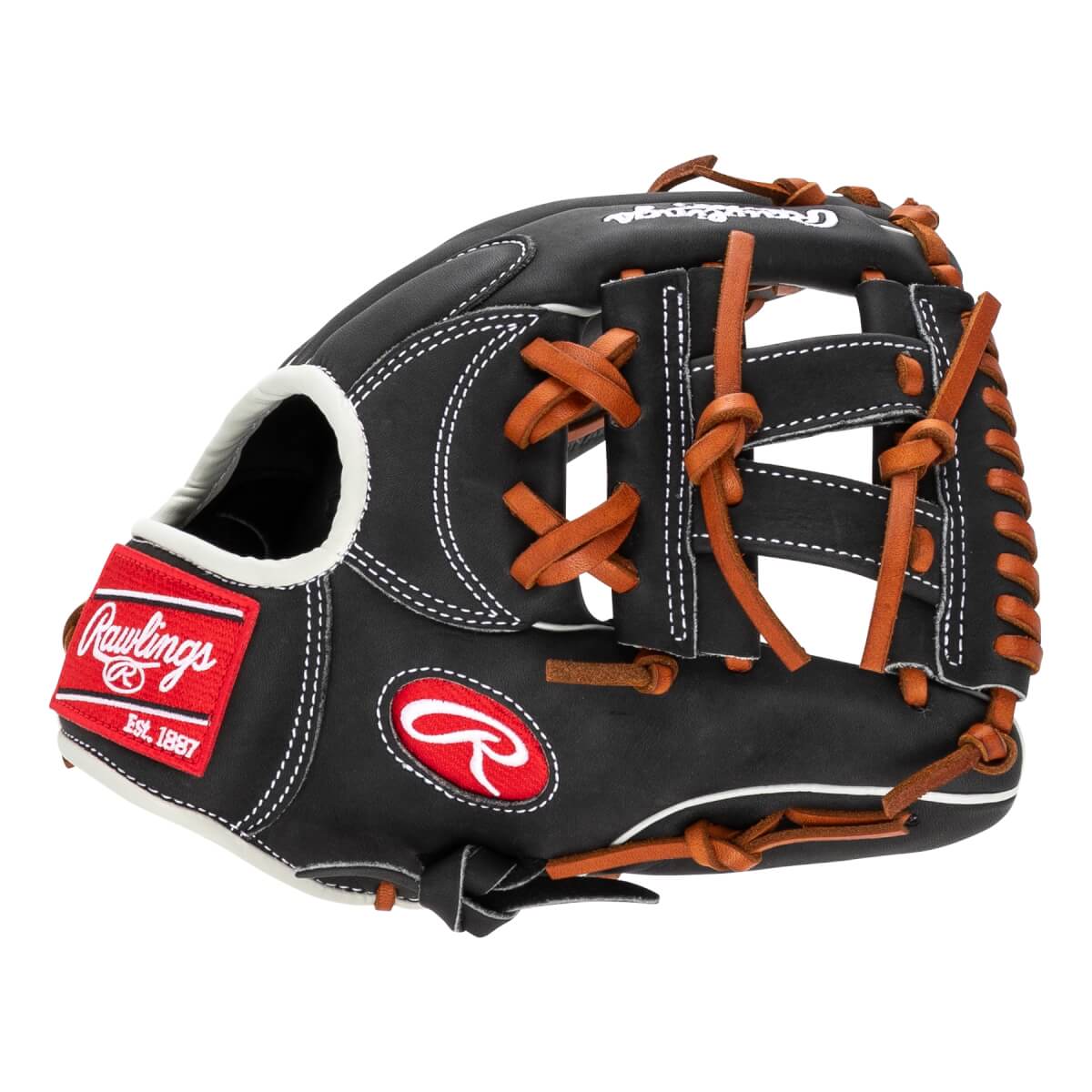 Back view of a black baseball glove featuring brown laces, white stitching, and red Rawlings patches displaying the brand name, "Est. 1887," and the signature "R" logo.