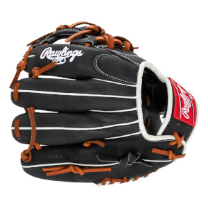 Back view of a black baseball glove with tan laces and white welting, featuring a red Rawlings wrist patch and the white script Rawlings logo.