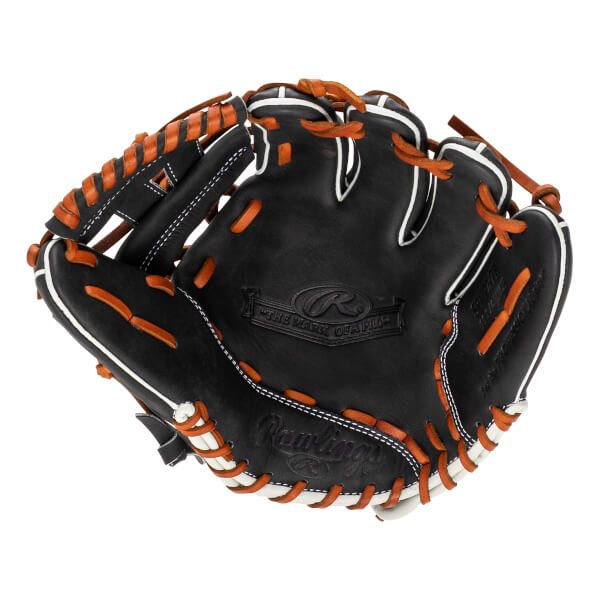 Front view of a black baseball glove with tan laces and white trim, featuring "The Mark of a Pro" and "Rawlings" logos stamped on the palm and heel.