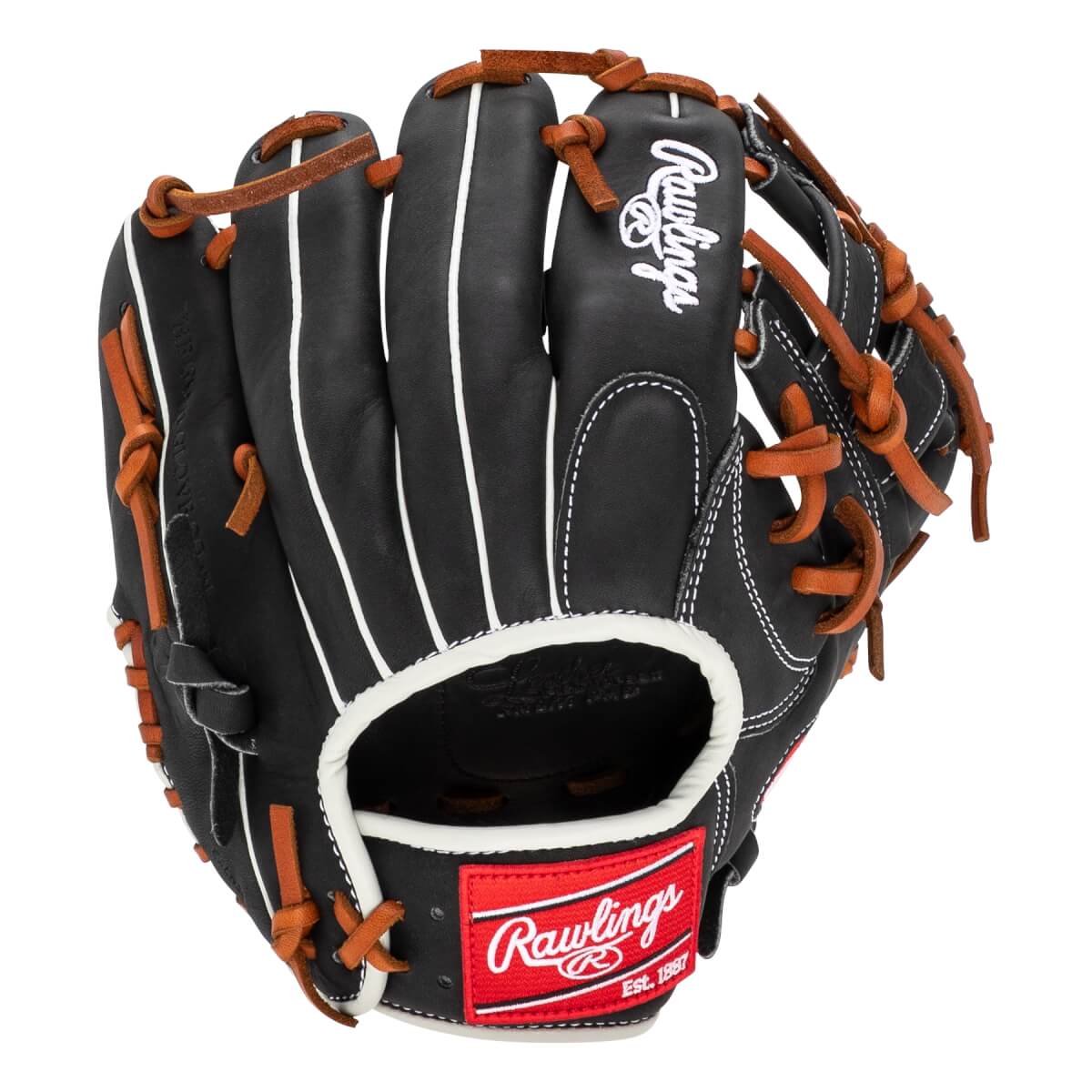 Back view of a black Rawlings baseball glove featuring white welting, tan laces, and a red logo patch on the wrist strap.