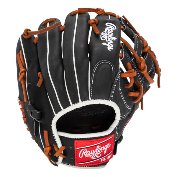 Back view of a black Rawlings baseball glove featuring white welting, tan laces, and a red logo patch on the wrist strap.