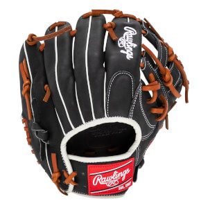 Back view of a black Rawlings baseball glove featuring white welting, tan laces, and a red logo patch on the wrist strap.