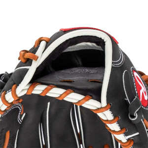 Close-up of the hand entry area of a black baseball glove featuring white welting, tan laces, and the word "Leather" embossed inside.