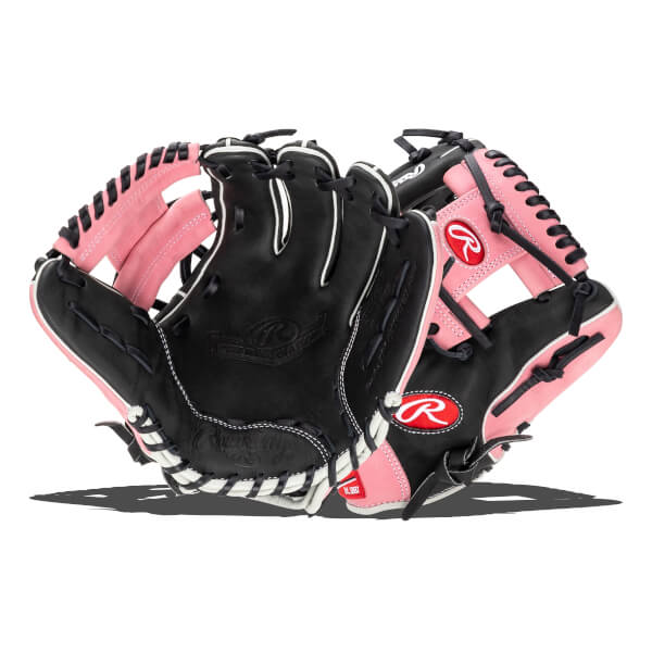 Front view of a black and pink baseball glove with white stitching and red Rawlings logos.