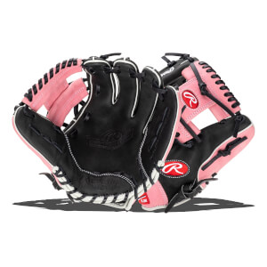 Front view of a black and pink baseball glove with white stitching and red Rawlings logos.