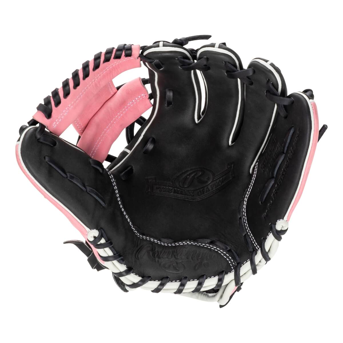 Top-down view of a black baseball glove with pink accents and white stitching.
