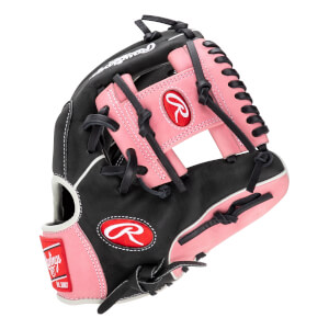 Side view of a black and pink baseball glove with white stitching and red Rawlings logos.
