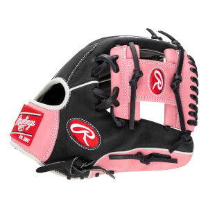 Front view of a black and pink baseball glove with Rawlings branding and white stitching.