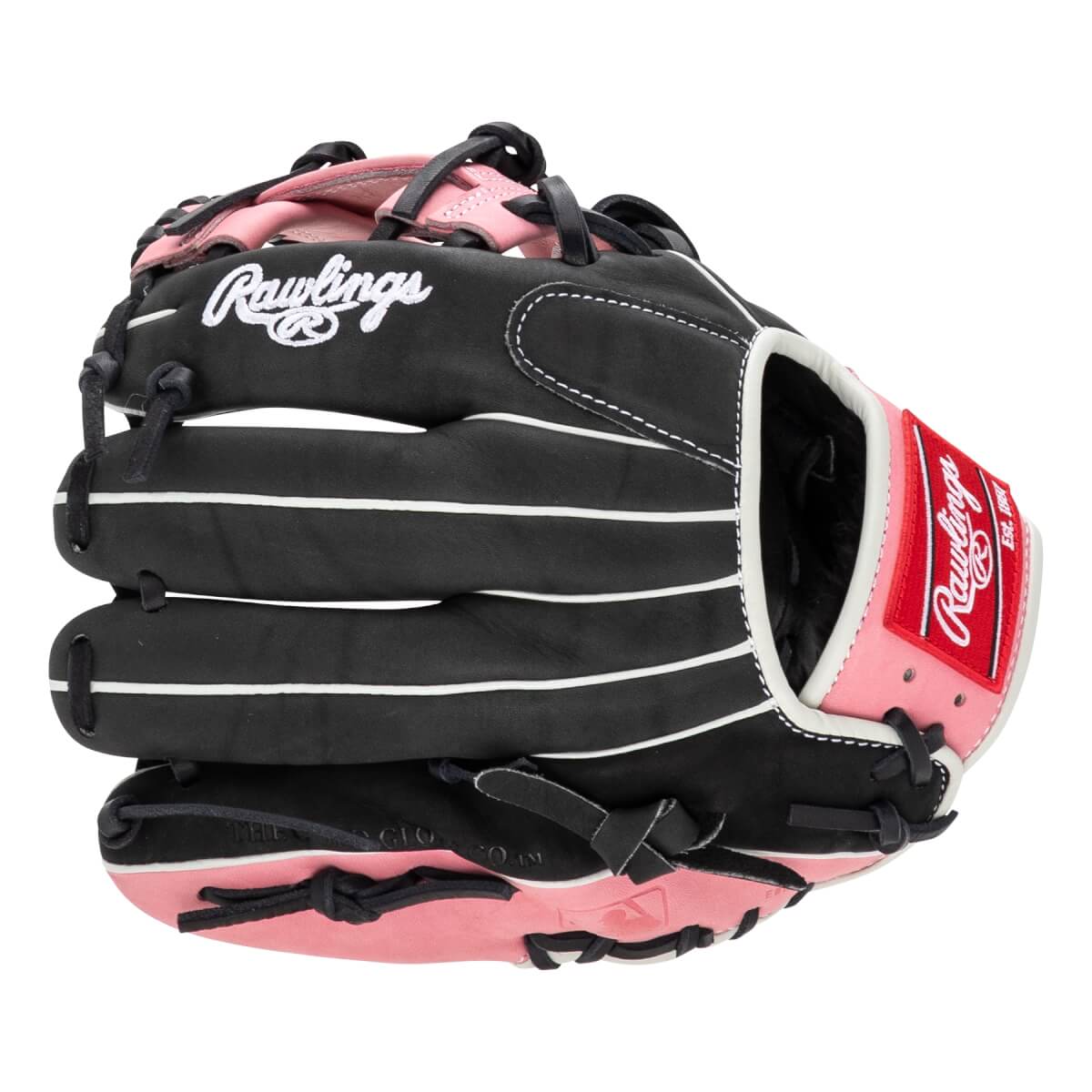 Front view of a black and pink baseball glove with white stitching and Rawlings logo.