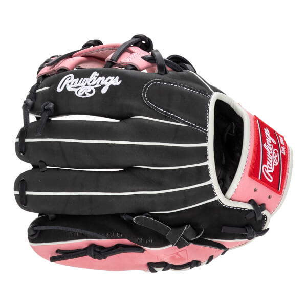 Front view of a black and pink baseball glove with white stitching and Rawlings logo.