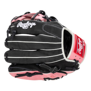 Front view of a black and pink baseball glove with white stitching and Rawlings logo.
