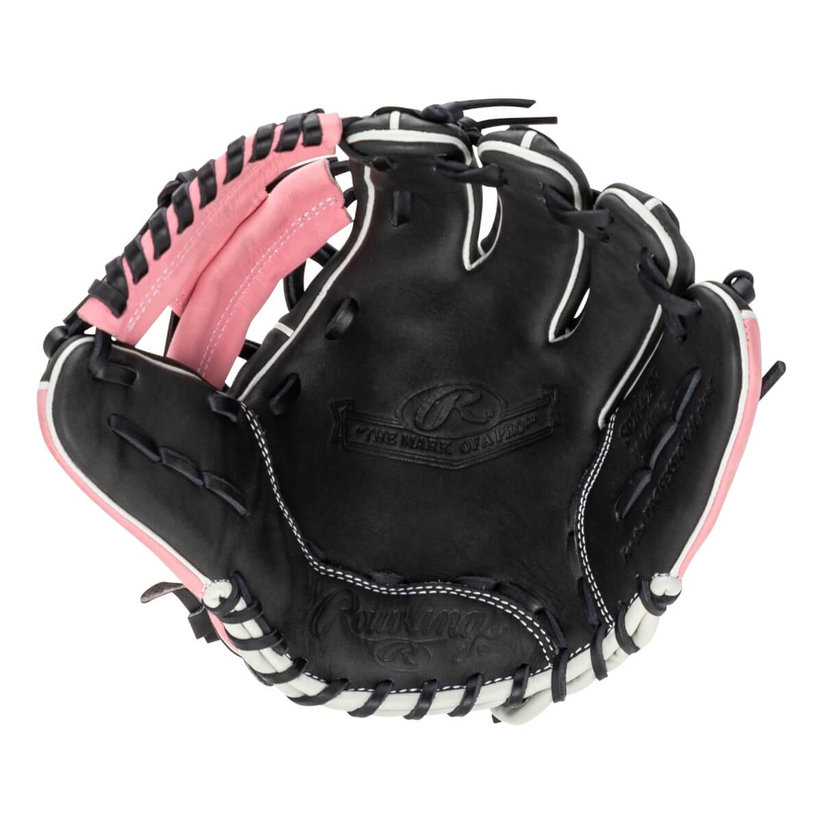 Front view of a black baseball glove with pink accents and white stitching.