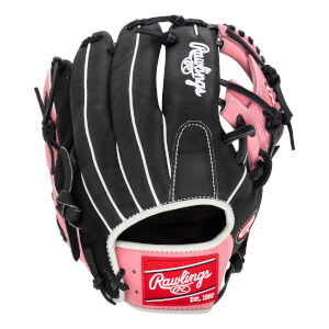 Front view of a black and pink baseball glove with white stitching and Rawlings branding.