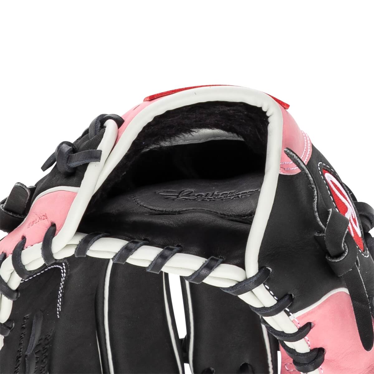 Close-up of a black and pink baseball glove with white lacing and Rawlings branding.
