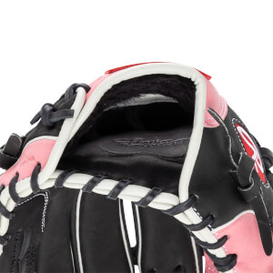 Close-up of a black and pink baseball glove with white lacing and Rawlings branding.