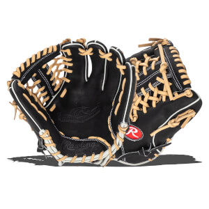 Front view of a black Rawlings baseball glove with tan lacing and white stitching.