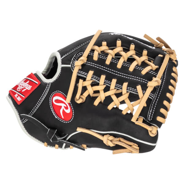 Side view of a black Rawlings baseball glove with tan lacing and a red Rawlings logo patch.