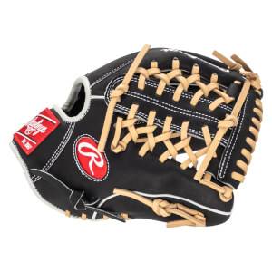 Side view of a black Rawlings baseball glove with tan lacing and a red Rawlings logo patch.
