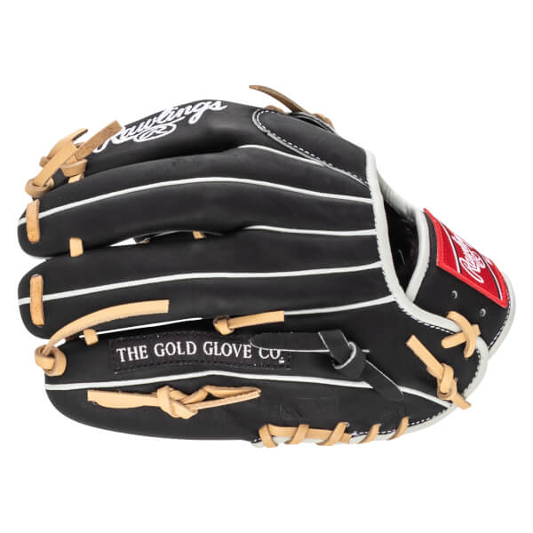 Side view of a black Rawlings baseball glove with white stitching and "THE GOLD GLOVE CO." text.