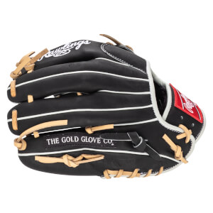 Side view of a black Rawlings baseball glove with white stitching and "THE GOLD GLOVE CO." text.