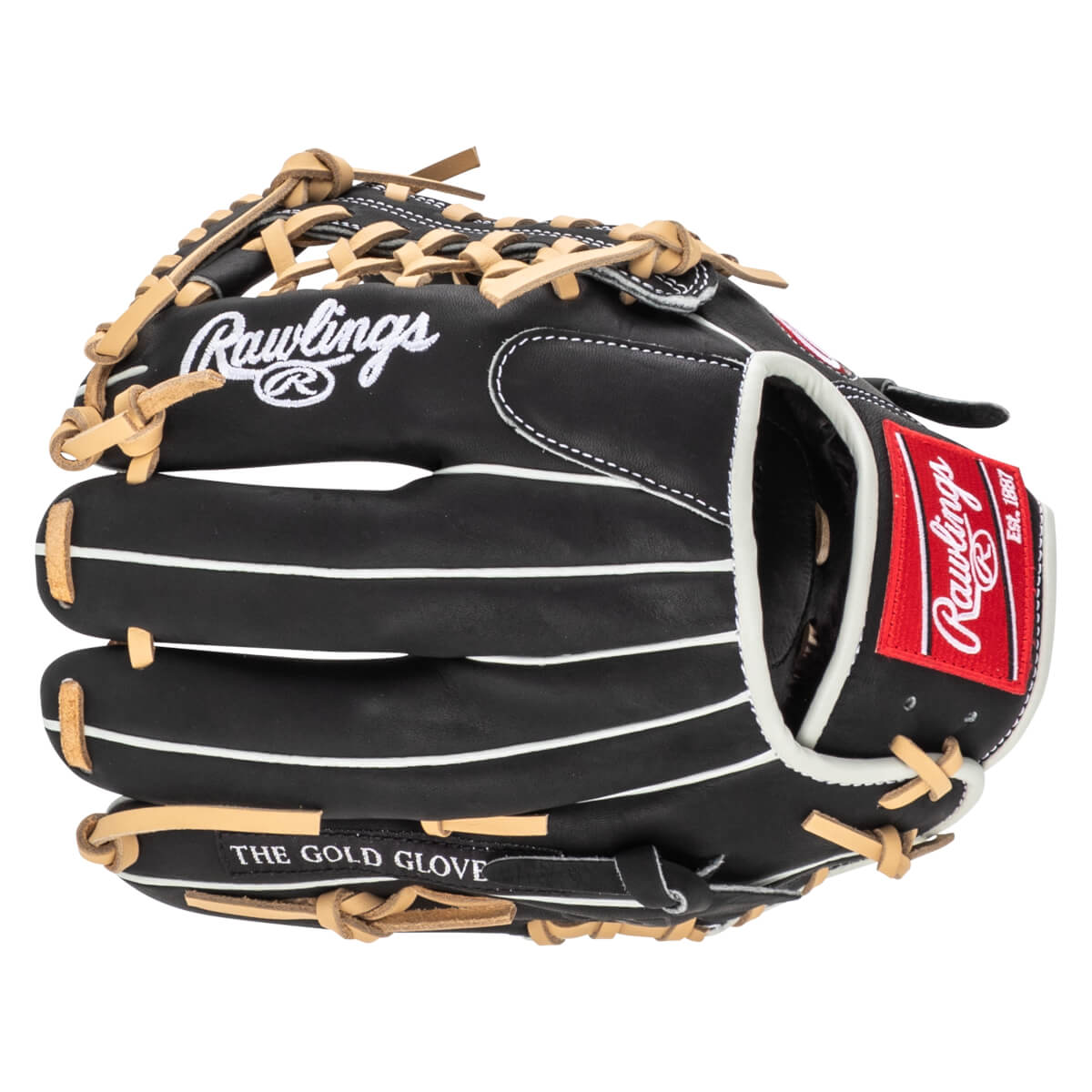 Front view of a black Rawlings baseball glove with white stitching, a red patch with "Rawlings Est. 1887", and "THE GOLD GLOVE" text.