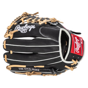 Front view of a black Rawlings baseball glove with white stitching, a red patch with "Rawlings Est. 1887", and "THE GOLD GLOVE" text.