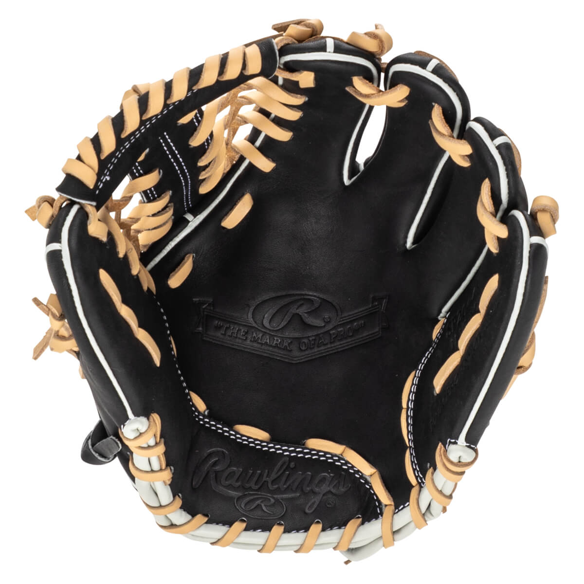 Top-down view of a black Rawlings baseball glove with tan lacing and white trim, showing the "Rawlings" logo and "The Mark of a Pro" text.