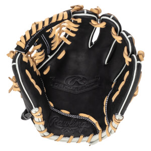 Top-down view of a black Rawlings baseball glove with tan lacing and white trim, showing the "Rawlings" logo and "The Mark of a Pro" text.