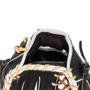 Top-down view of a black baseball glove with white and tan lacing and a dark fur lining.