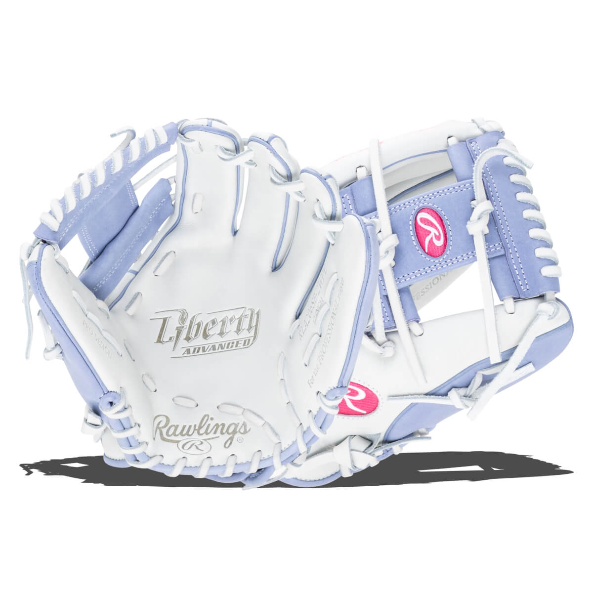 Front view of a white and lavender Rawlings Liberty Advanced softball glove with pink Rawlings logos and "Liberty ADVANCED" text.