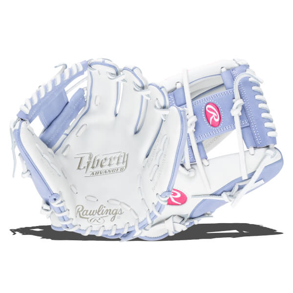 Front view of a white and lavender Rawlings Liberty Advanced softball glove with pink Rawlings logos and "Liberty ADVANCED" text.