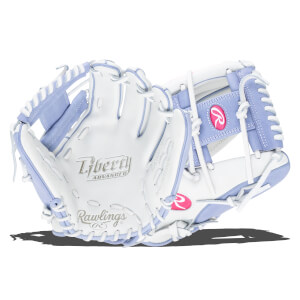Front view of a white and lavender Rawlings Liberty Advanced softball glove with pink Rawlings logos and "Liberty ADVANCED" text.