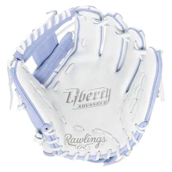 Top-down view of a white and lavender Rawlings Liberty Advanced softball glove with "Liberty Advanced" and "Rawlings" logos.