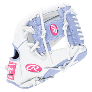 Front view of a white and lavender Rawlings baseball glove with pink logos and "Est. 1887" text.