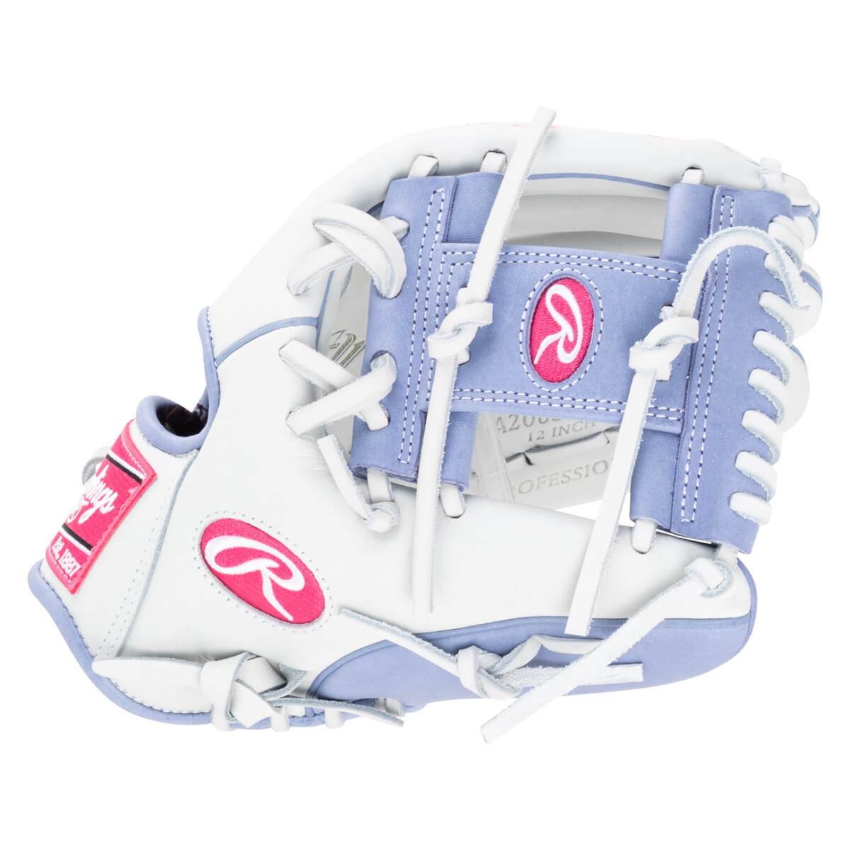 Front view of a white and lavender Rawlings baseball glove with pink logos and "Est. 1887" text.