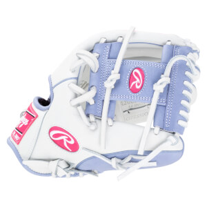Front view of a white and lavender Rawlings baseball glove with pink logos and "Est. 1887" text.