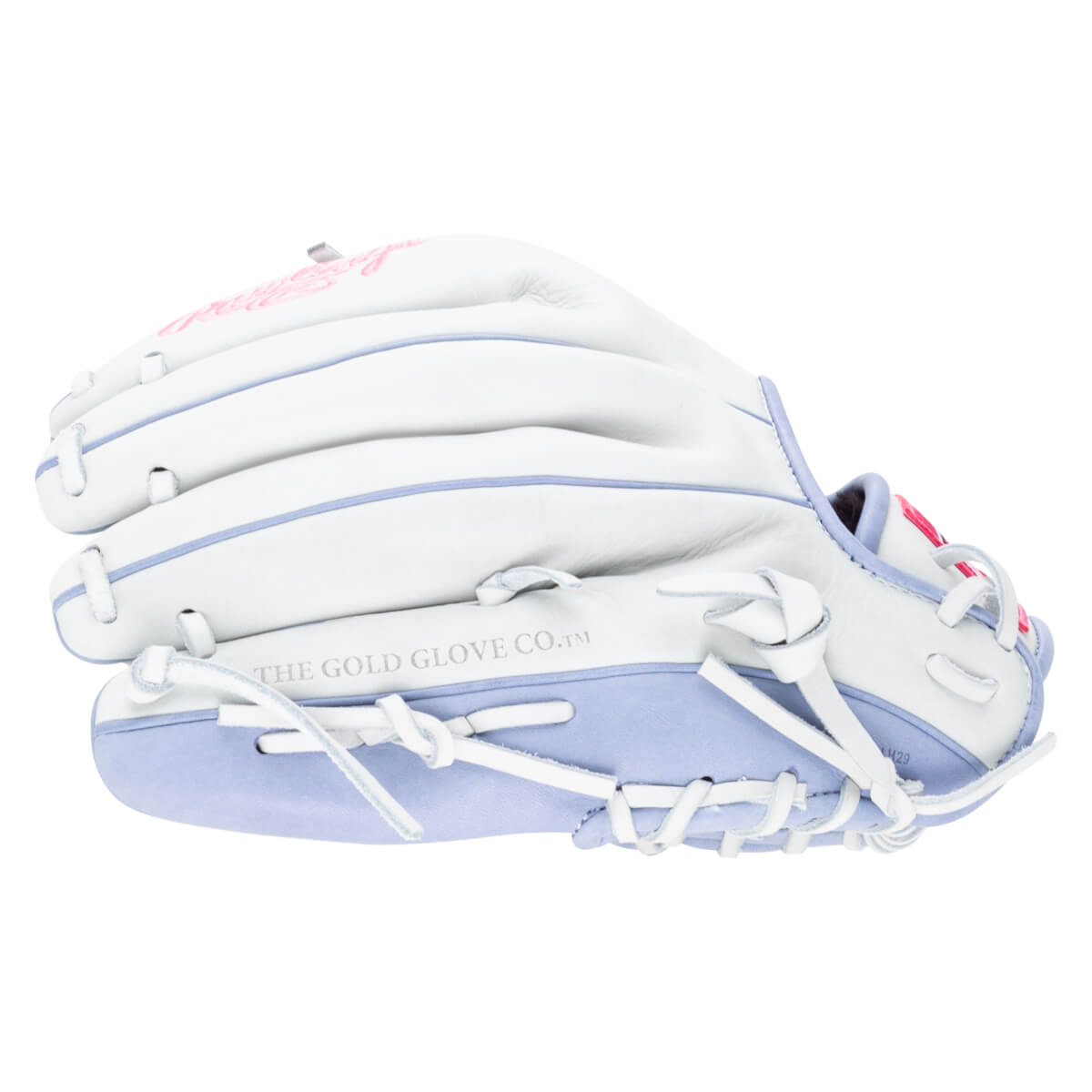 Side view of a white and lavender baseball glove with pink accents and "THE GOLD GLOVE CO.â„¢" text.