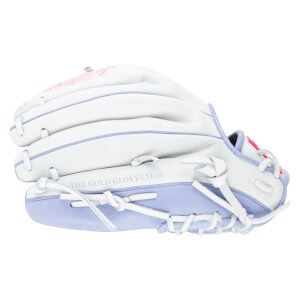 Side view of a white and lavender baseball glove with pink accents and "THE GOLD GLOVE CO.â„¢" text.