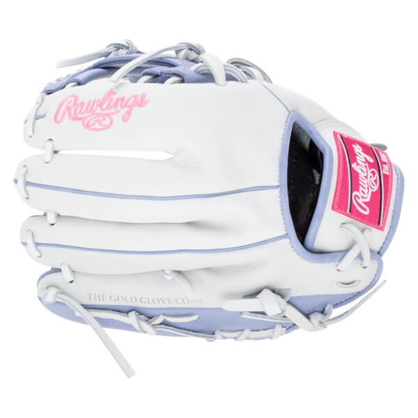 Front view of a white baseball glove with pink Rawlings logo and light purple trim.
