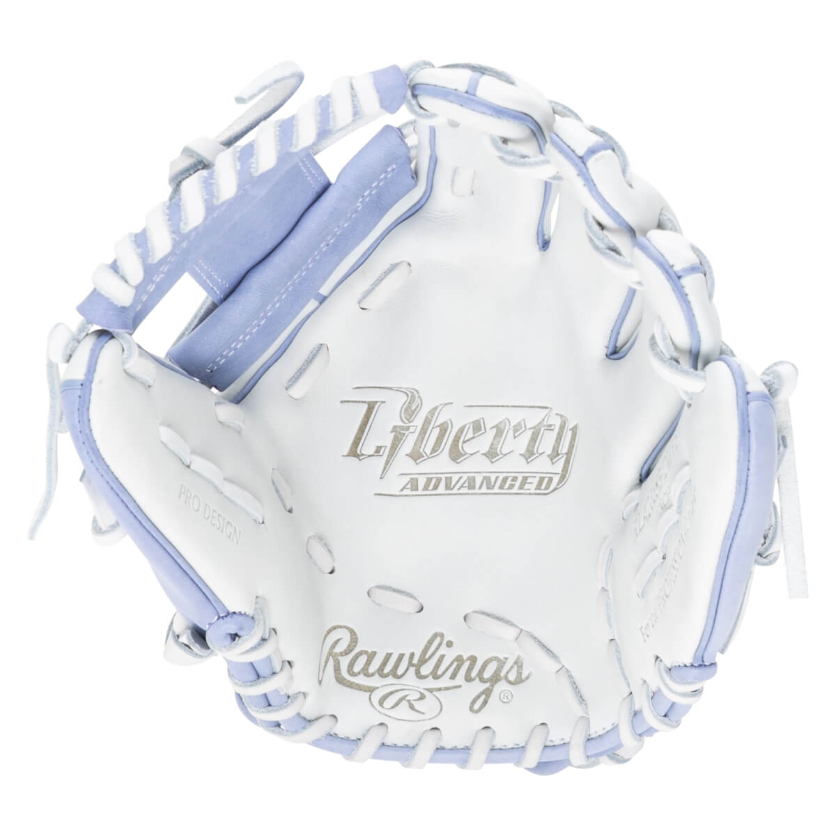 Top-down view of a white and lavender Rawlings Liberty Advanced glove with "PRO DESIGN" and "Rawlings" text.