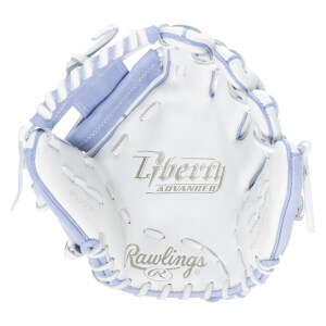 Top-down view of a white and lavender Rawlings Liberty Advanced glove with "PRO DESIGN" and "Rawlings" text.