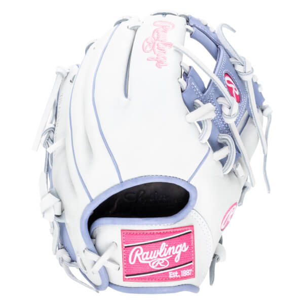 Front view of a white Rawlings baseball glove with purple accents and a pink Rawlings logo patch.