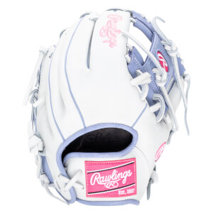 Front view of a white Rawlings baseball glove with purple accents and a pink Rawlings logo patch.