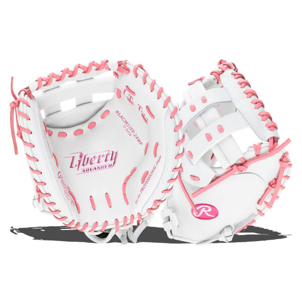 Front view of a white softball glove with pink lacing and "Liberty ADVANCE" logo.