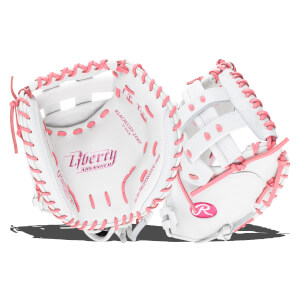 Front view of a white softball glove with pink lacing and "Liberty ADVANCE" logo.