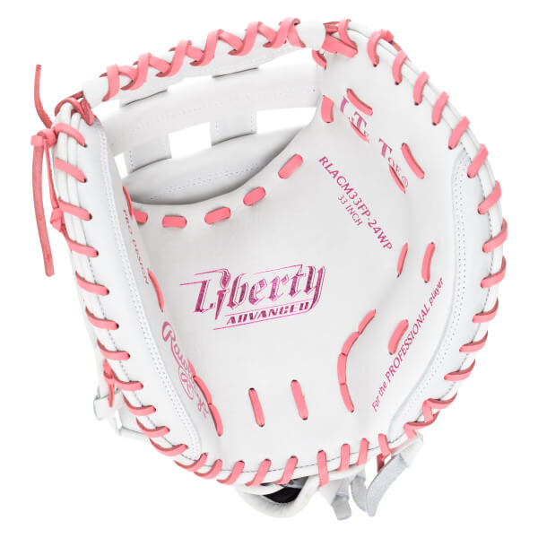Top-down view of a white baseball glove with pink lacing, showing "Liberty ADVANCED" and "RLACM33FP-24WP 33 INCH".